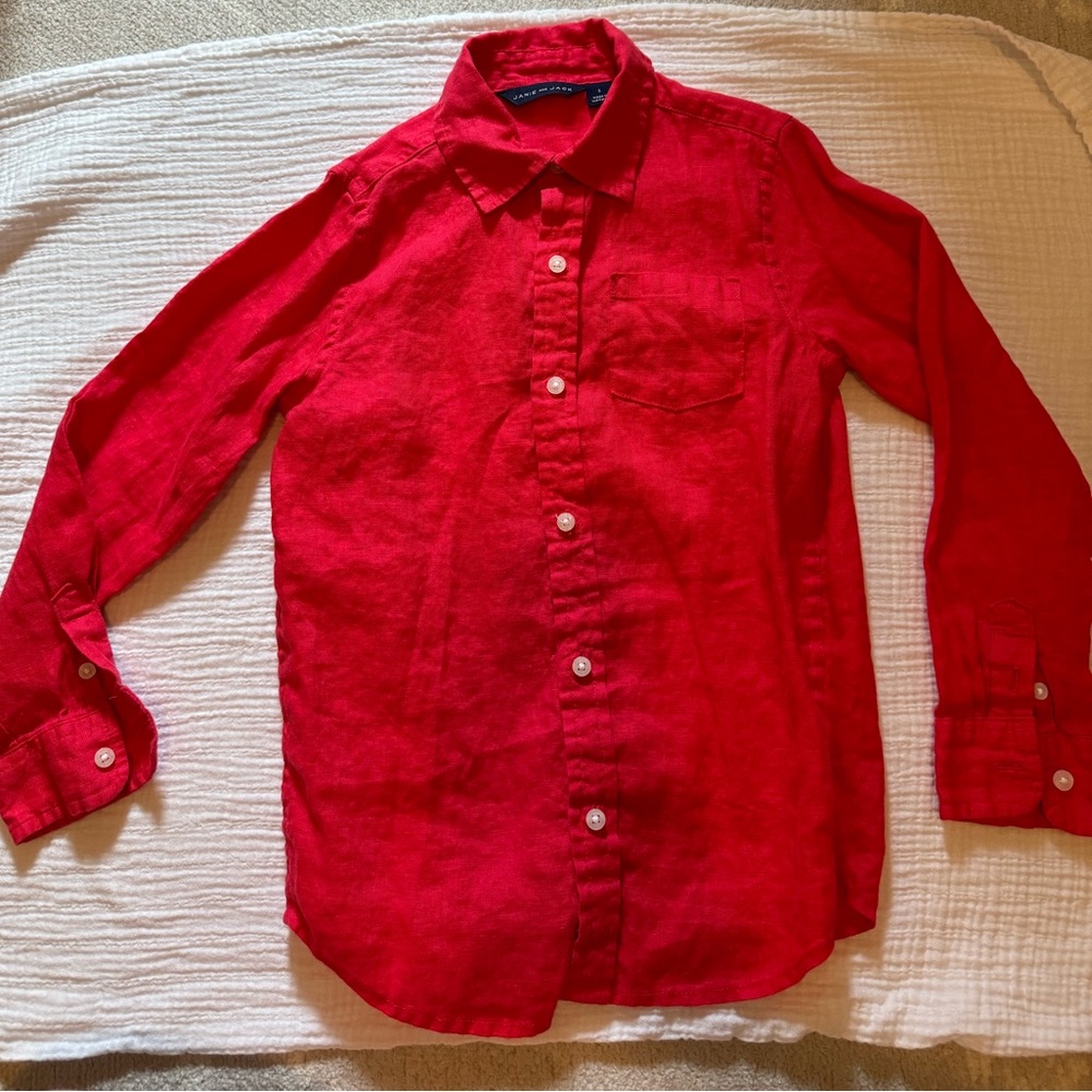 Janie and Jack boys red linen cotton button down shirt